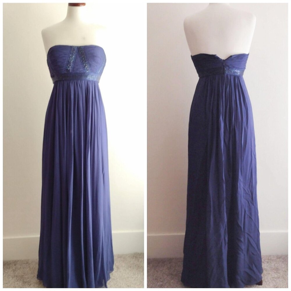 BCBG Max Azaria 100% Silk Beaded Gown 8 Strapless Prom Dress Navy Blue Grecian - Picture 2 of 11